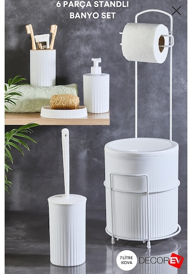 Decorev 6 Parça Metal Standlı Banyo Seti 7 Litre Çöp Kovası, Tuvalet Kağıtlığı, Sabunluk, Fırçalık Ve Sıvı Sabunluk Dc Beyaz
