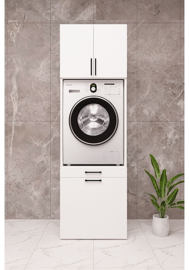 Mdf Çamaşır Makinesi Dolabı Sepetli Beyaz