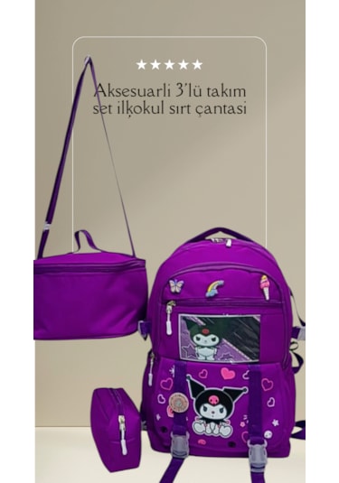 3'lü Set Karekter Desenli Aksesuarlı Mor İlkokul Sırt Çantası