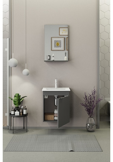 Biani Fix Arya Slım 50 Cm Banyo Dolabı,Seramik Lavabolu, Aynalı,Lavabo Dahil,Mdf,Mat Gri