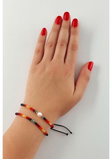 2li İncili Asansörlü Kombin Bileklik. Boncuk Bileklik, İp Bileklik, Halhal Bileklik. Kadın Bileklik. Çok Renkli