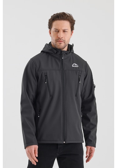 Çıkartılabilen Fermuarlı Kapüşon Cepli İçi Polarlı Su Geçirmez Softshell Erkek Mont Gri Gri