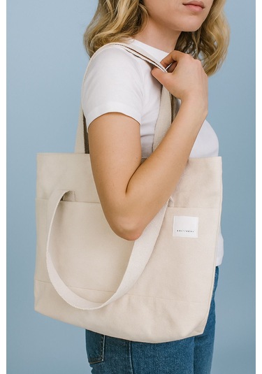 Kadın Krem El Omuz Ve Plaj Çantası Kanvas Çok Amaçlı Kullanım Krem