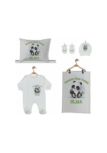 Pia Baby Gl 2009 İsme Özel Pandalı Beşli Tulum Set Krem