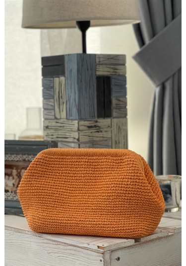 El Yapımı Pastel Turuncu Renk Basic Örgü El Çantası Kağıt İp Turuncu