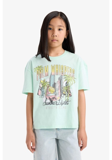 Defacto Kız Çocuk Relax Fit Bisiklet Yaka Baskılı Kısa Kollu Tişört E0389a825smtr413 Turkuaz