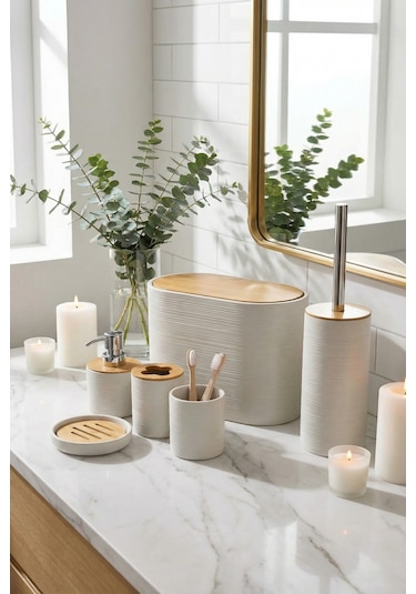 Makri Home 6 Parça Krem Banyo Seti, Bambu Detaylı, 8l Çöp Kovası 24x26x16 Cm