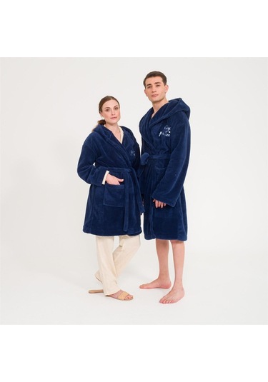 Uzun Kapüşonlu Welsoft Sabahlık Aile Seti-Lacivert