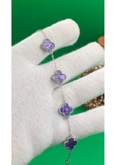 Gümüş Renk Yonca Model Çelik 316l Bileklik Mor
