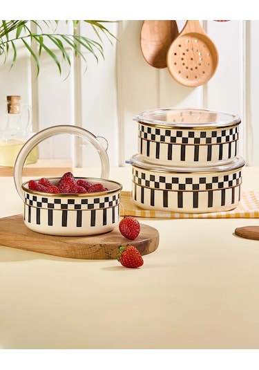 Prime Cream 3 Lü Emaye Saklama Kabı Ve Emaye Servis Tepsisi 28 Cm Krem