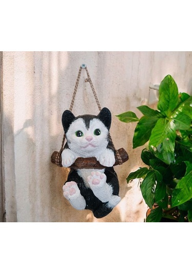 1 Adet Dekoratif Sallanan Duvar Ve Bahçe Süsü Kedi Siyah-beyaz