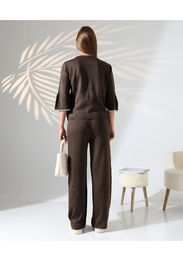 İnci Volanlı Kol Detaylı Triko Takım Kahverengi