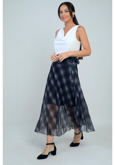 Kadın Yanları Kısa Astarlı Ekose Uzun Tül Etek-41721 Siyah