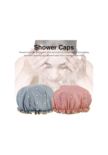 Duş Başlığı Şapka Çift Katmanlı Ev Banyo Aksesuarları Elastik Yeniden Kullanılabilir Banyo Yetişkin Sevimli Kedi Baskılı Karikatür Mavi