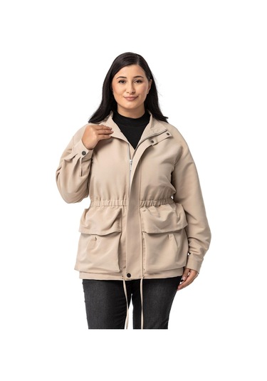 Büyük Beden Çıtçıt Ve Fermuar Kapamalı Beli Büzgülü Astarlı Bej Rengi Trençkot Bej