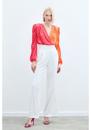 Sateen Kruvaze Desenli Bodysuit - Oranj-Fuşya Fuşya - Turuncu