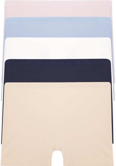 Mavi Kadın Boxer Yüksek Bel Dikişşiz Lazer Kesim Esnek Iz Yapmayan 5 Li Paket Polyester Mavi