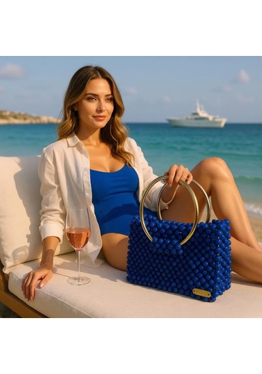 Plentiful İnci Boncuk Çanta, Abiye , Gece , Düğün, Gelin,nişan Çantası Mavi