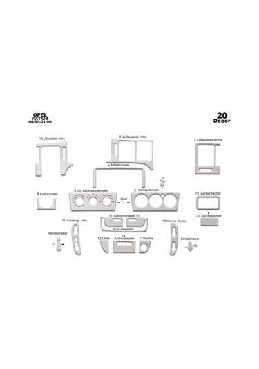 Opel Vectra B Konsol-torpido Kaplama 1995-2002 20 Parça-alüminyum Alüminyum