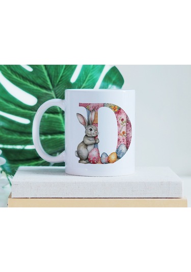 D Harfli Tavşan Kupa - Patchwork / Yamalı Desenli İsme Özel Kupa - Pastel Vintage Tarz Hediyelik Beyaz