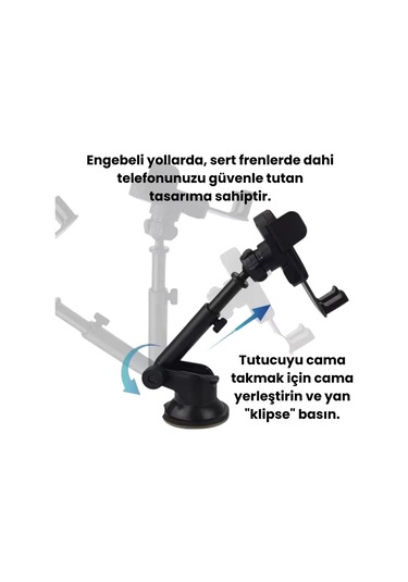 Polham Vantuzlu Torpido Üstü Ve Cam İçin Araç İçi Telefon Tutucu, Teleskopik Ayarlanabilir Döner Başlık