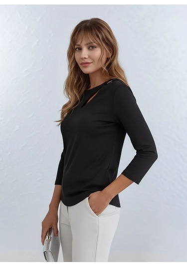 Kadın Yakada Toka Detay Spor Şık Dokuma Kumaş Truvakar Kol Büyük Beden Şık Bluz Siyah