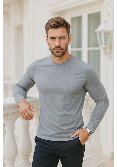 Erkek Uzun Kollu Bisiklet Yaka Tişört - %100 Pamuk Basic Relaxed T-shirt Gri