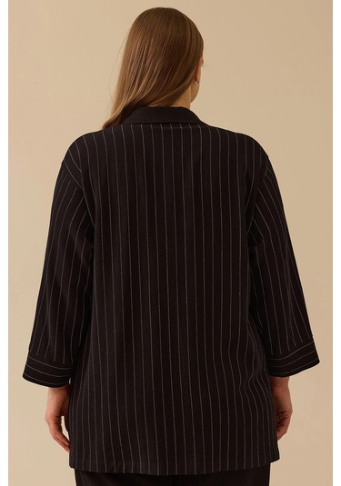 Galaxi Kadın Büyük Beden Çizgili Düğmeli Gömlek 4027 Siyah Siyah