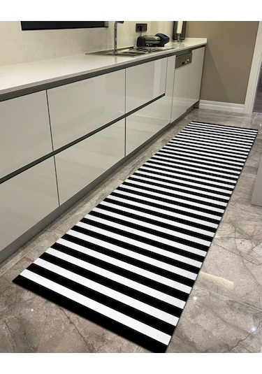 Yatay Çizgi Sade, Kaymaz Deri Taban Mutfak Halısı