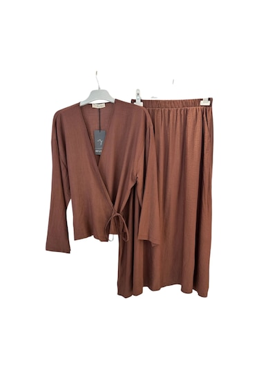 Z-556 Üstü Kimono Kısa Etekli Çilek Takım Kahve