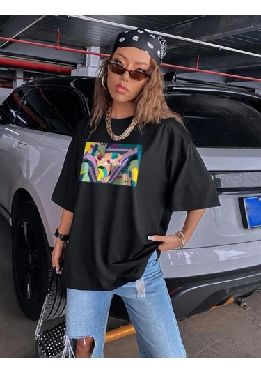 Kadın Siyah Oversize %100 Pamuk Endless Baskılı T-shirt Siyah