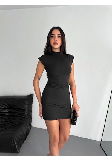 Defymoda Yarım Bogazlı Kolsuz Mini Boy Elbise - Siyah Siyah