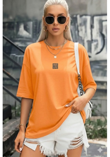 Kadın Turuncu Free Life Bisiklet Yaka Oversize Salas T-shirt