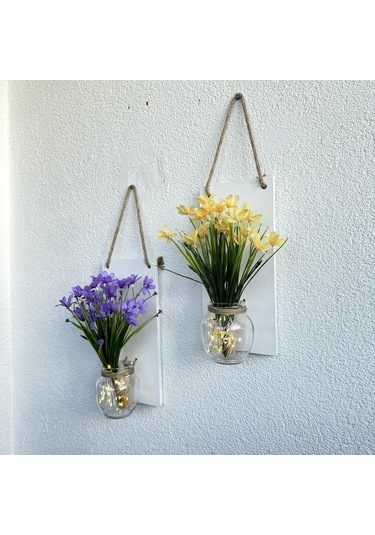 Led Işıklı, Sarı Ve Lila Nergis Çiçekli Duvar Dekoru Beyaz İkili Set Beyaz