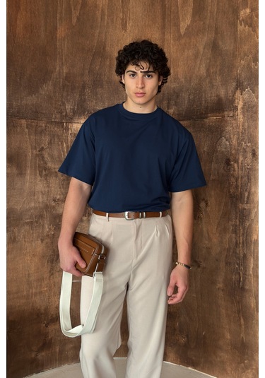 Hyman Erkek %100 Pamuk Oversize Basic T-shirt İndigo