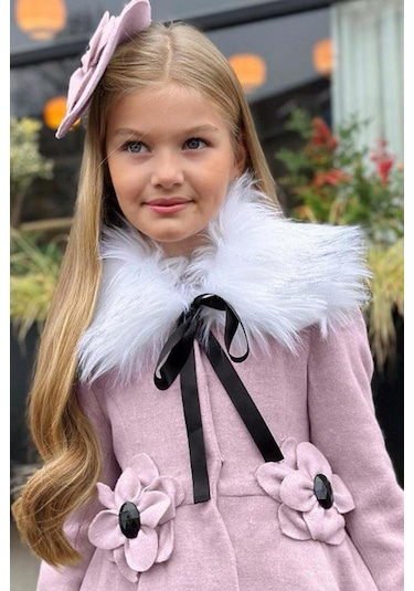 Riccotarz Kız Çocuk Kürk Yakalı Önü Çiçek Ve Elmas Taş Detaylı Pudra Kaşe Pudra
