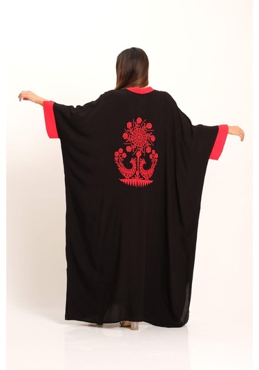 Kadın Siyah Sırtı Otantik Nakışlı Yarasa Kol Oversize Uzun Elbise - Sıyah Siyah