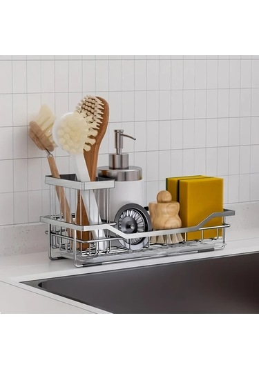 Dashanshop Siyah Paslanmaz Çelik Evye Düzenleyici Çıkarılabilir Fırçalık Ve Tahliye Tepsili Siyah