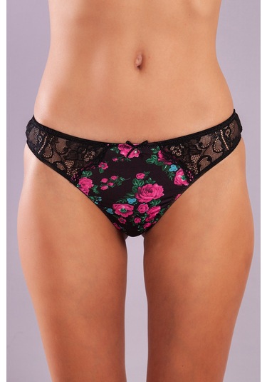 Golshan Gardenia Mini Slip, Kadın Dantelli Çiçek Baskılı Siyah Normal Bel Külot Çok Renkli