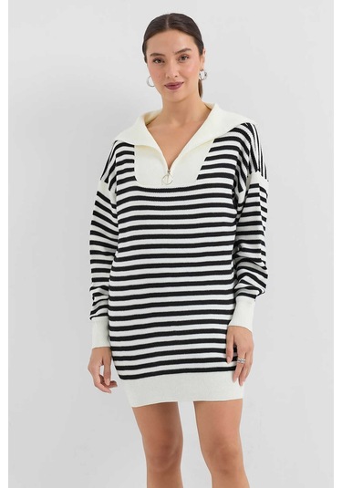 Gabria Fermuarlı Çizgili Kazak Ekru