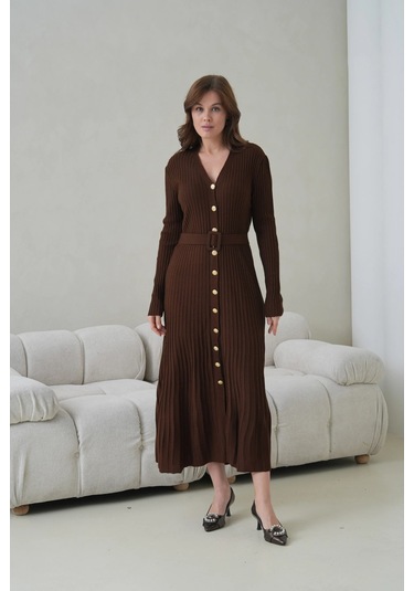 Kadın V Yaka Ful Düğme Kapama Kemer Detay Maksi Boy Fitilli Triko Elbise Kahve