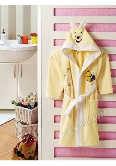 Kapşonlu Pamuk Çocuk Bornozu Sarı (4-5, 6-7, 8-9, 10-11 Yaş) Sarı