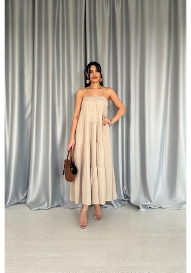 Taş Askılı Parçalı Müslin Elbise Altın