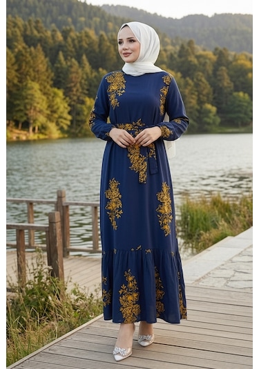 Bestenur Noyra Desenli Viskon Elbise 1722 - Lacivert