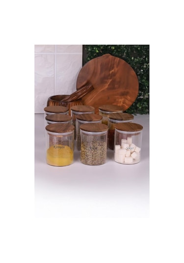 Akasya Kapaklı Borosilikat Cam Baharatlık Saklama Kavanozu 200 ML 9'lu + Etiket Ahşap - Şeffaf
