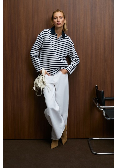 Grımelange Muse Kadın Çizgili Triko Polo Yakalı Regular Fit Lacivert Sweatshirt Lacivert