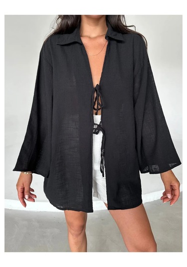 Siyah %100 Keten Bağcık Detaylı Kimono Bluz Siyah