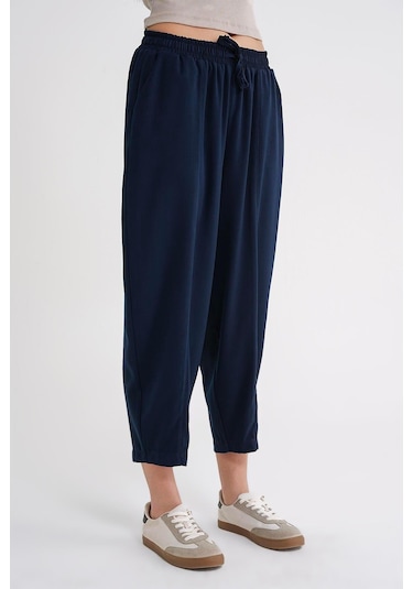 4307 Kadın Beli Lastikli Parçalı Şalvar Pantolon Lacivert Lacivert