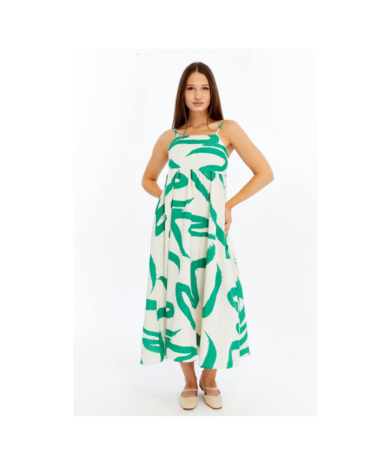 Kadın Askılı Desenli Midi Elbise Rahat Yazlık Günlük & Şık Elbise Yeşil