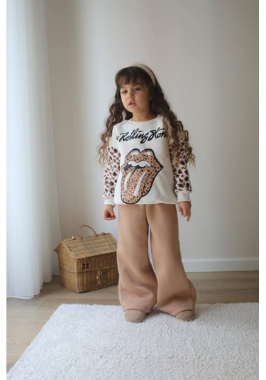 Kız Çocuk İç Pamuklu Leopar Geçişli Trend Rolling Stone Baskılı Alt Üst Takım Sütlü Kahve Renk Leopar / Sütlü Kahve Leopar - Sütlü Kahve